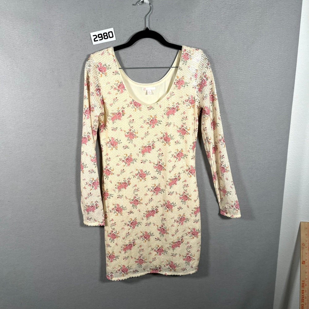 GB Sequin Mini Dress Womens Small Beige Floral Lined Stretch Scoop Neck Casual